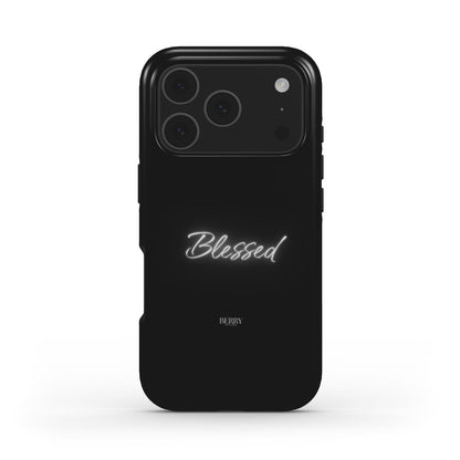 Sleek black phone case with elegant glowing "Blessed" script and minimalist design, combining trendy and feminine style for a beautiful everyday accessory.