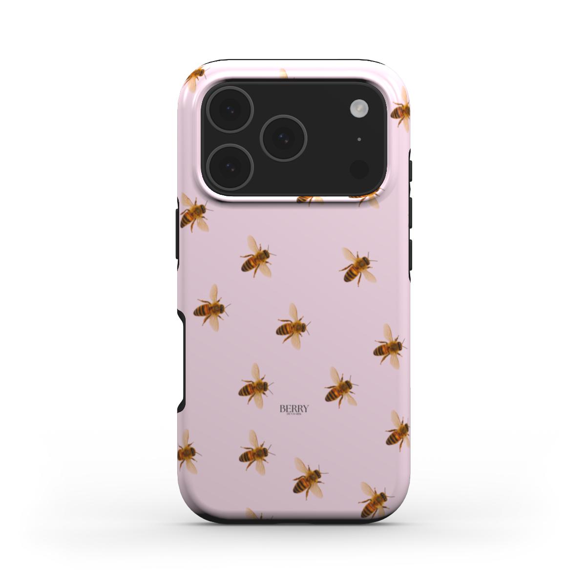 Trendy pink phone case with a feminine bee pattern, combining aesthetic charm and girly elegance for that popular and beautiful that girl style.