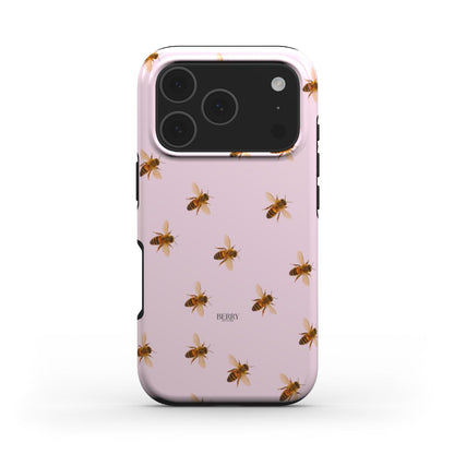 Trendy pink phone case with a feminine bee pattern, combining aesthetic charm and girly elegance for that popular and beautiful that girl style.