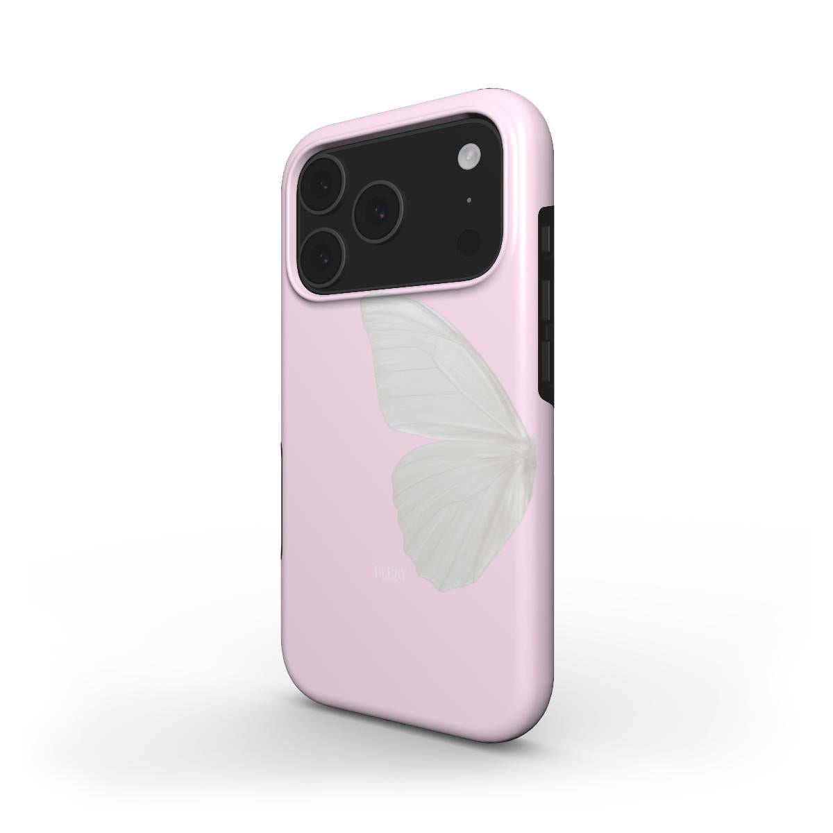 Trendy feminine pink phone case with a delicate white butterfly wing design, perfect for that girly and beautiful aesthetic.