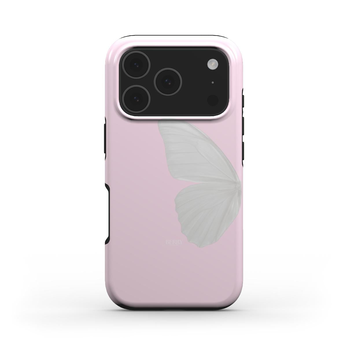 Trendy pink phone case with a delicate white butterfly design, combining feminine elegance and a popular aesthetic for a stylish everyday look.