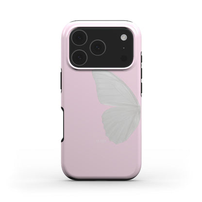 Trendy pink phone case with a delicate white butterfly design, combining feminine elegance and a popular aesthetic for a stylish everyday look.