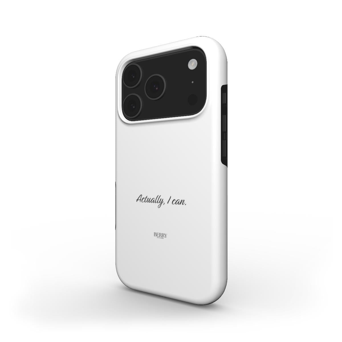 Minimalist white trendy phone case with subtle elegant typography on the back, perfect for a feminine and confident style statement.