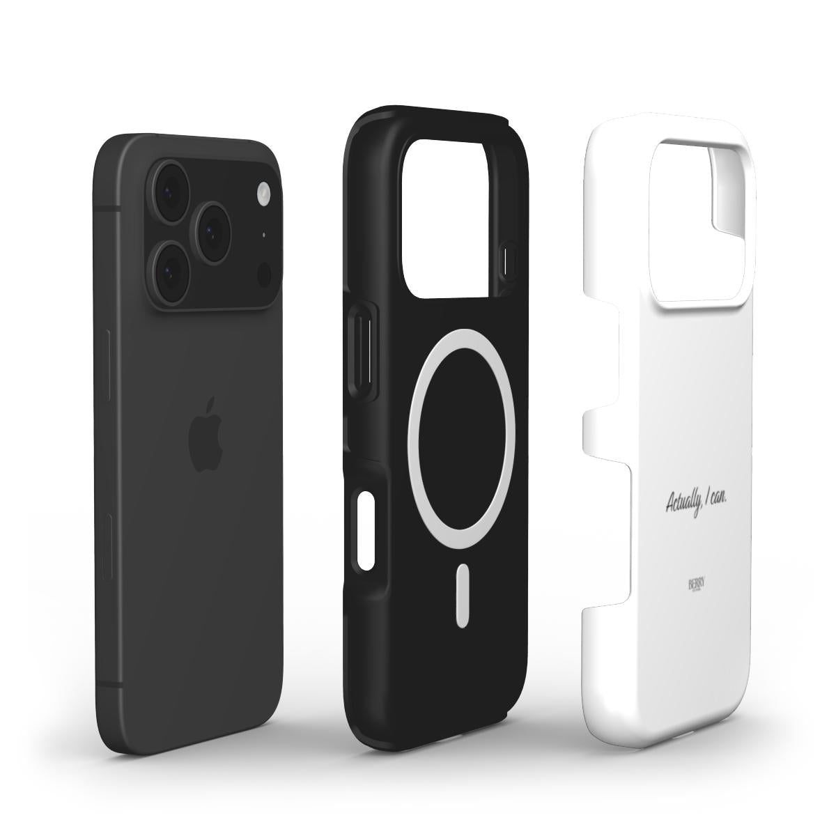 Trendy and sleek phone case with a feminine touch, featuring a minimalist black and white design inspired by the empowering phrase actually, I can clean.