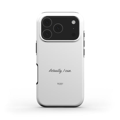 Minimalist white phone case with delicate script text, featuring a trendy and feminine design that inspires confidence and beauty.