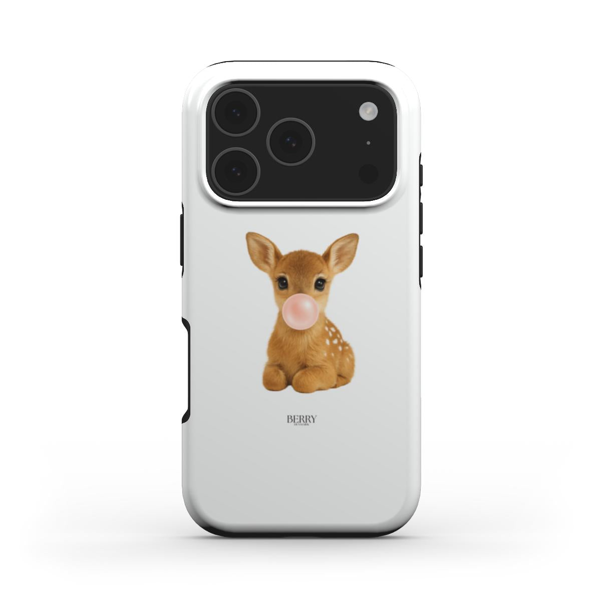 Trendy white and beige phone case featuring a cute deer blowing a bubblegum bubble, creating a feminine and playful aesthetic with a popular girly vibe.