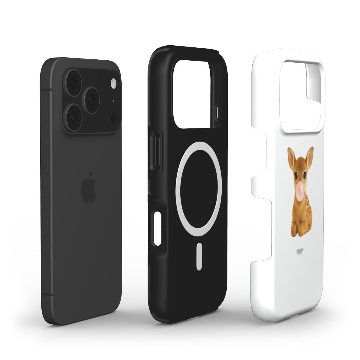Black and white phone cases with a playful deer bubblegum design, featuring trendy beige and white colors for a feminine and aesthetic look.