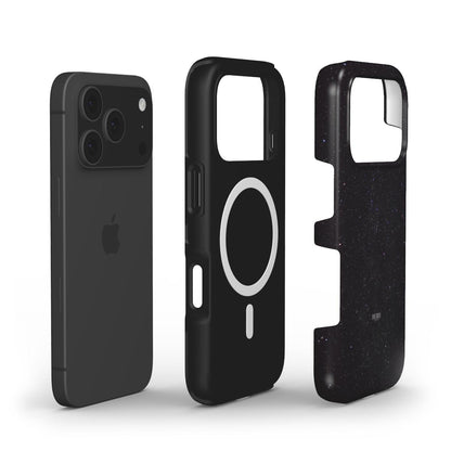 Black phone case with magnetic ring and separate dark starry pattern cover, designed for a sleek and trendy protective look.