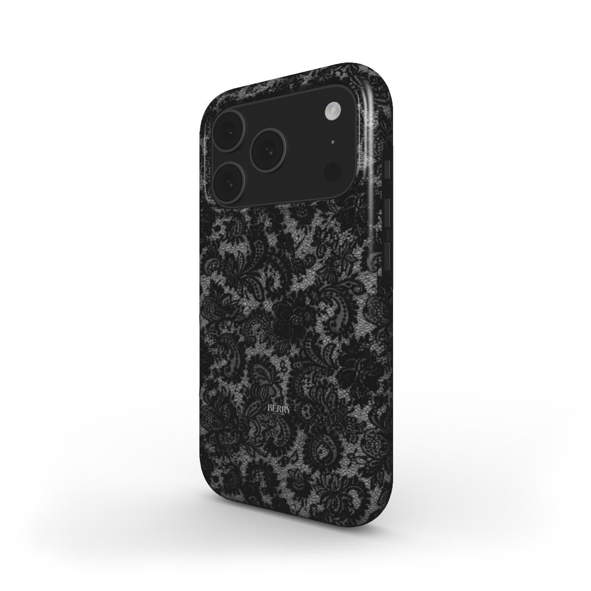 Black lace patterned phone case with intricate floral design offering a trendy and feminine aesthetic for a stylish, popular phone accessory.
