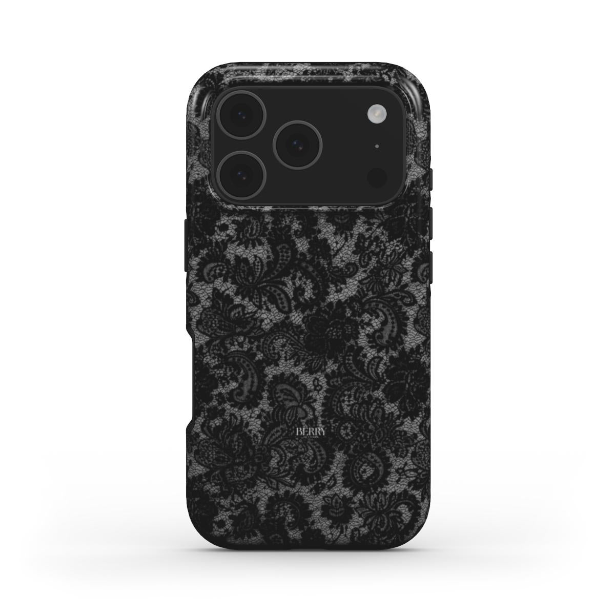 Trendy black lace patterned phone case with elegant floral design, offering a feminine and stylish look that appeals to aesthetic and popular tastes.