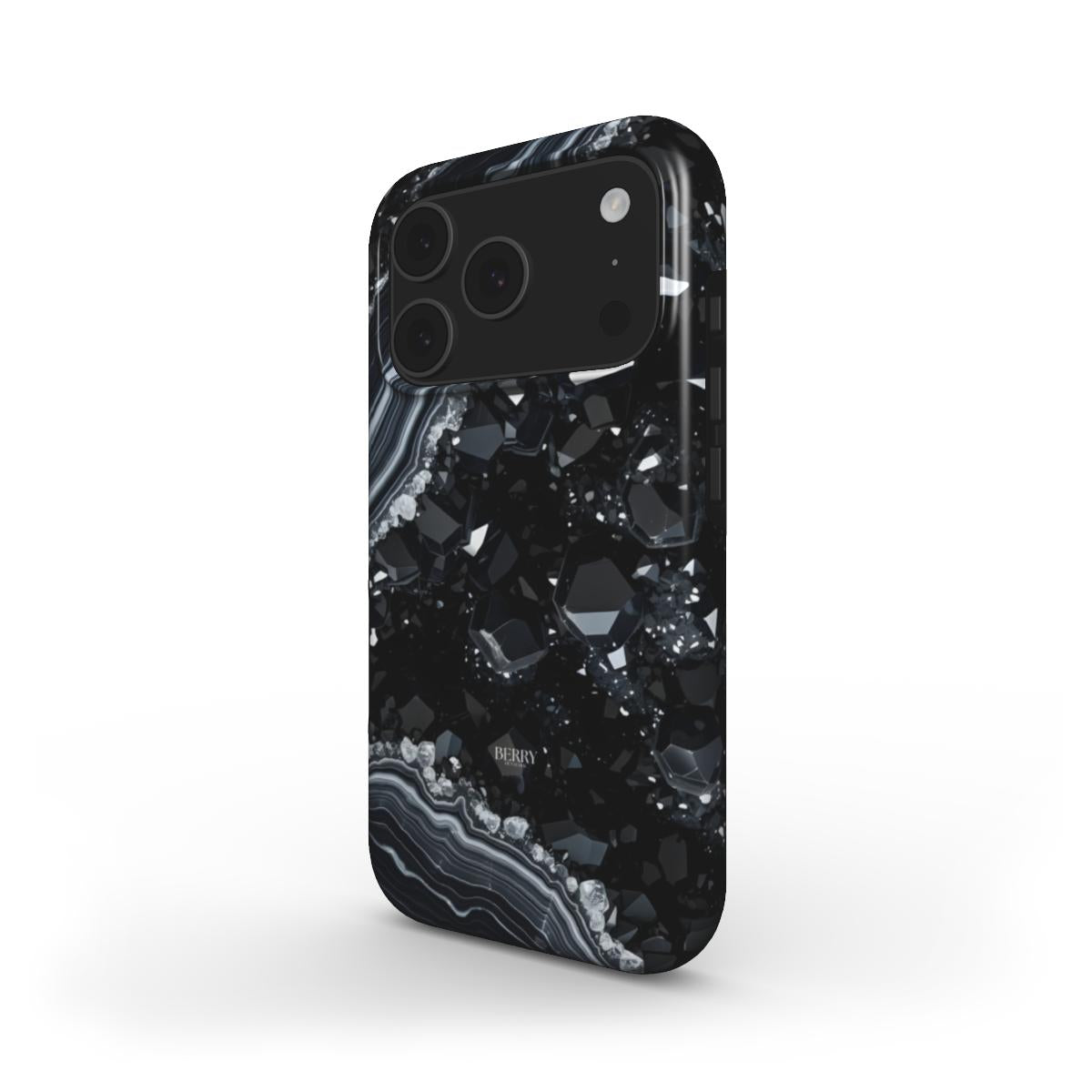 Trendy phone case with black diamond pattern featuring sparkling geometric crystals and elegant layered agate design for a feminine, stylish look.