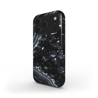 Trendy phone case with black diamond pattern featuring sparkling geometric crystals and elegant layered agate design for a feminine, stylish look.
