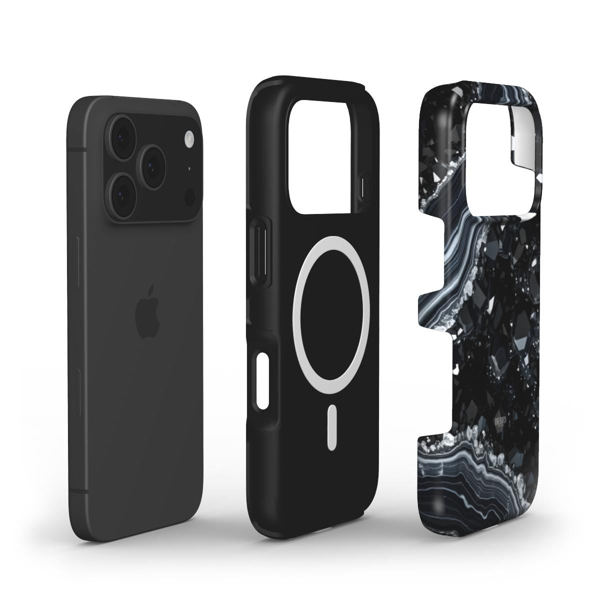Three stylish phone cases including a sleek black case and a trendy black diamond patterned case designed for a popular smartphone model.