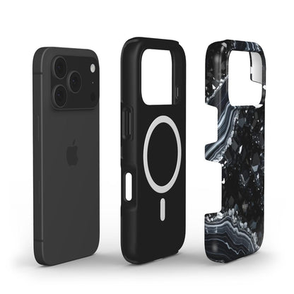 Three stylish phone cases including a sleek black case and a trendy black diamond patterned case designed for a popular smartphone model.