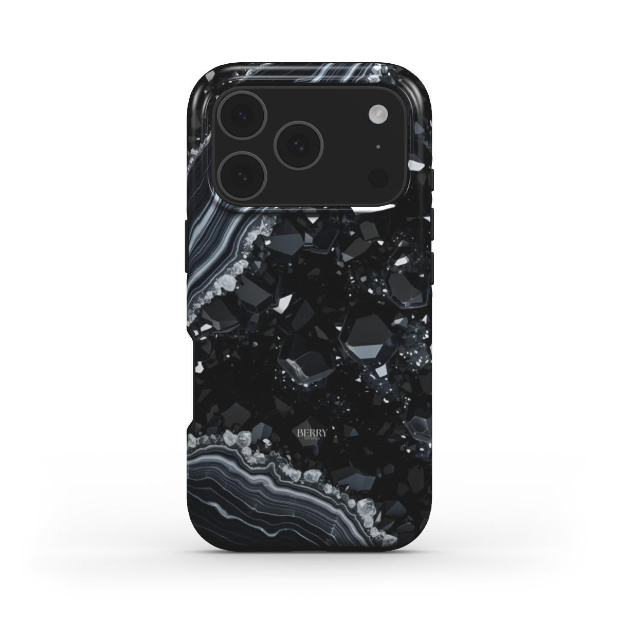Trendy black phone case featuring a sparkling diamond-like textured pattern with elegant striped accents for a feminine and stylish look.