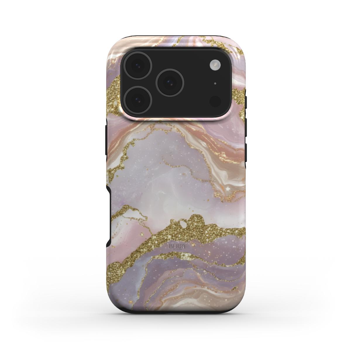Trendy feminine phone case with pink, gold, and rose gold marble pattern featuring stylish glitter accents for a beautiful girly aesthetic.