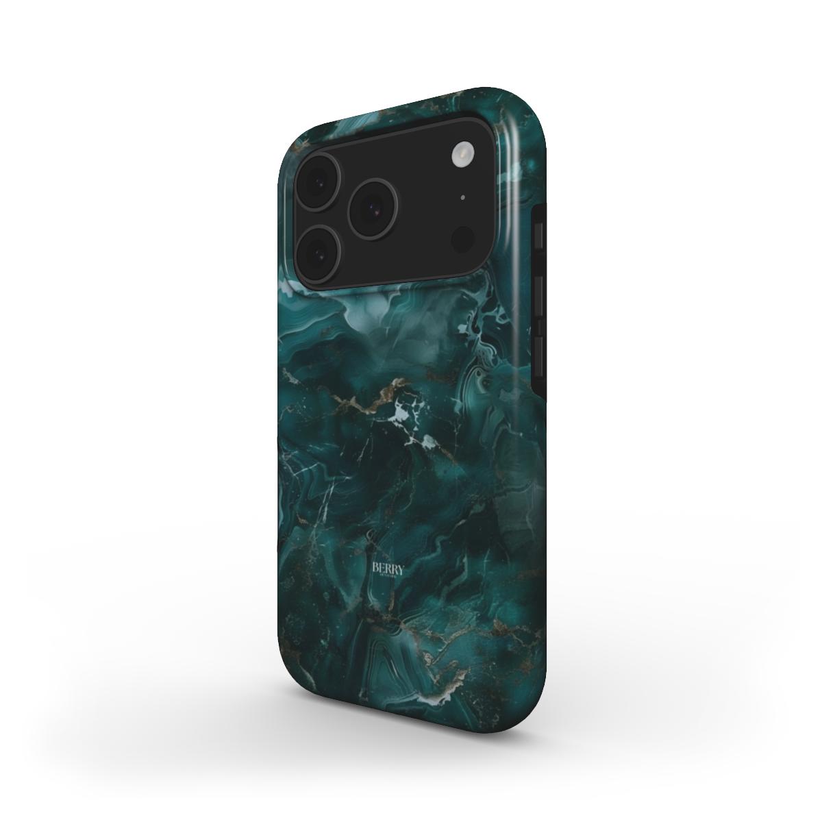 Trendy phone case featuring a green marble quartz pattern with elegant swirls and a sleek, feminine design for a stylish, modern look.
