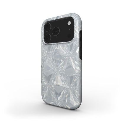 Trendy phone case with a shiny silver and white multifaceted pattern, featuring a modern, feminine, and beautifully stylish design perfect for that girl aesthetic.