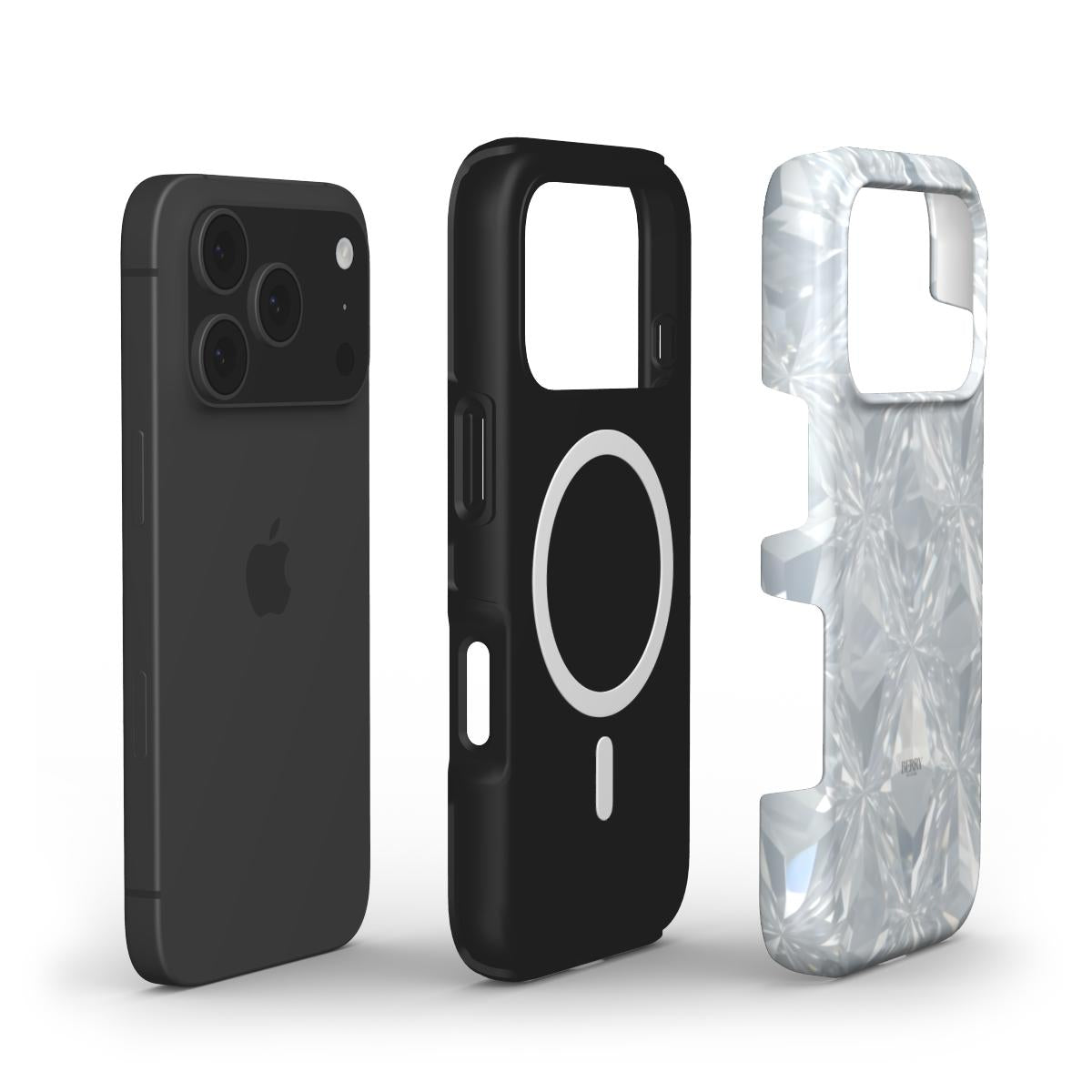 Trendy feminine phone case set in silver, white, and multicolored patterns with a stylish blurred diamond design for a beautiful, popular look.