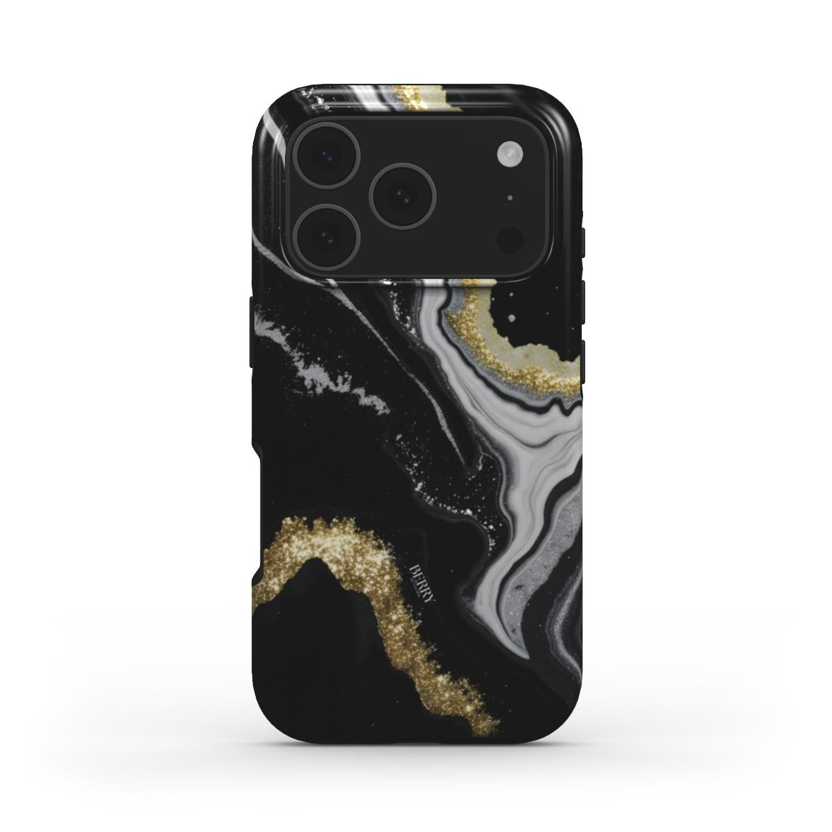 Trendy phone case with a black, gold, and multicolored abstract pattern blending sleek and feminine aesthetics.