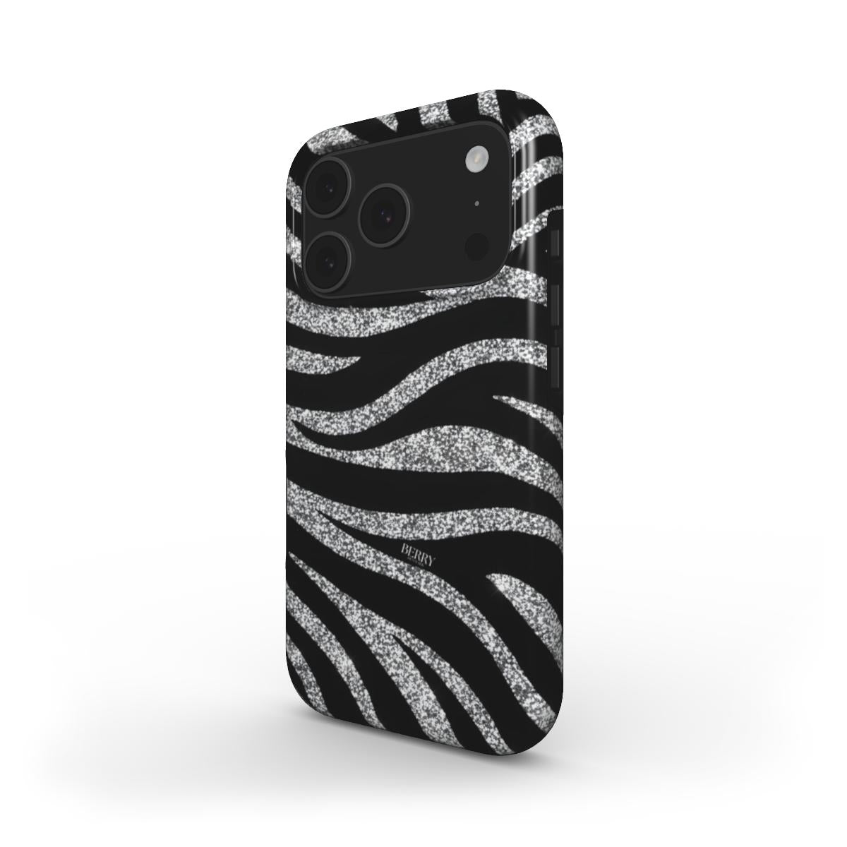 Trendy phone case with a silver, gray, black, multicolored, and white glittery zebra pattern, creating a chic and feminine aesthetic.