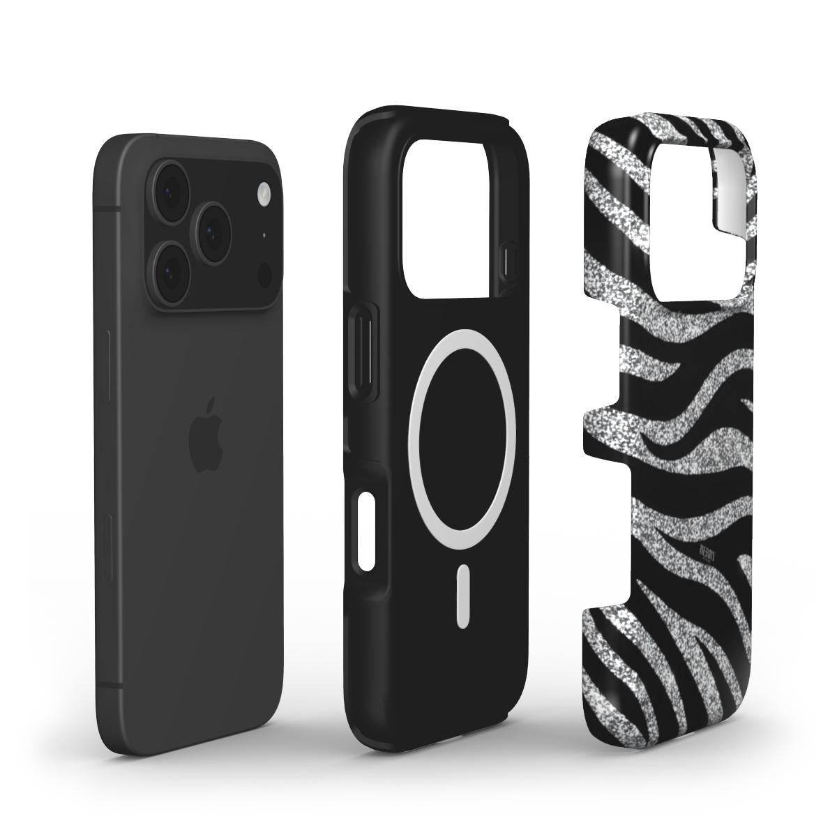 Stylish phone case featuring a silver, gray, black, multicolored, and white zebra pattern with a trendy, feminine, and beautiful aesthetic.