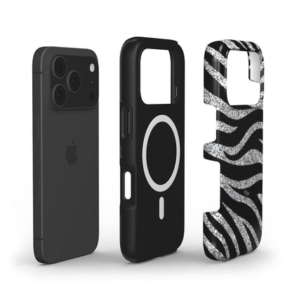 Stylish phone case featuring a silver, gray, black, multicolored, and white zebra pattern with a trendy, feminine, and beautiful aesthetic.