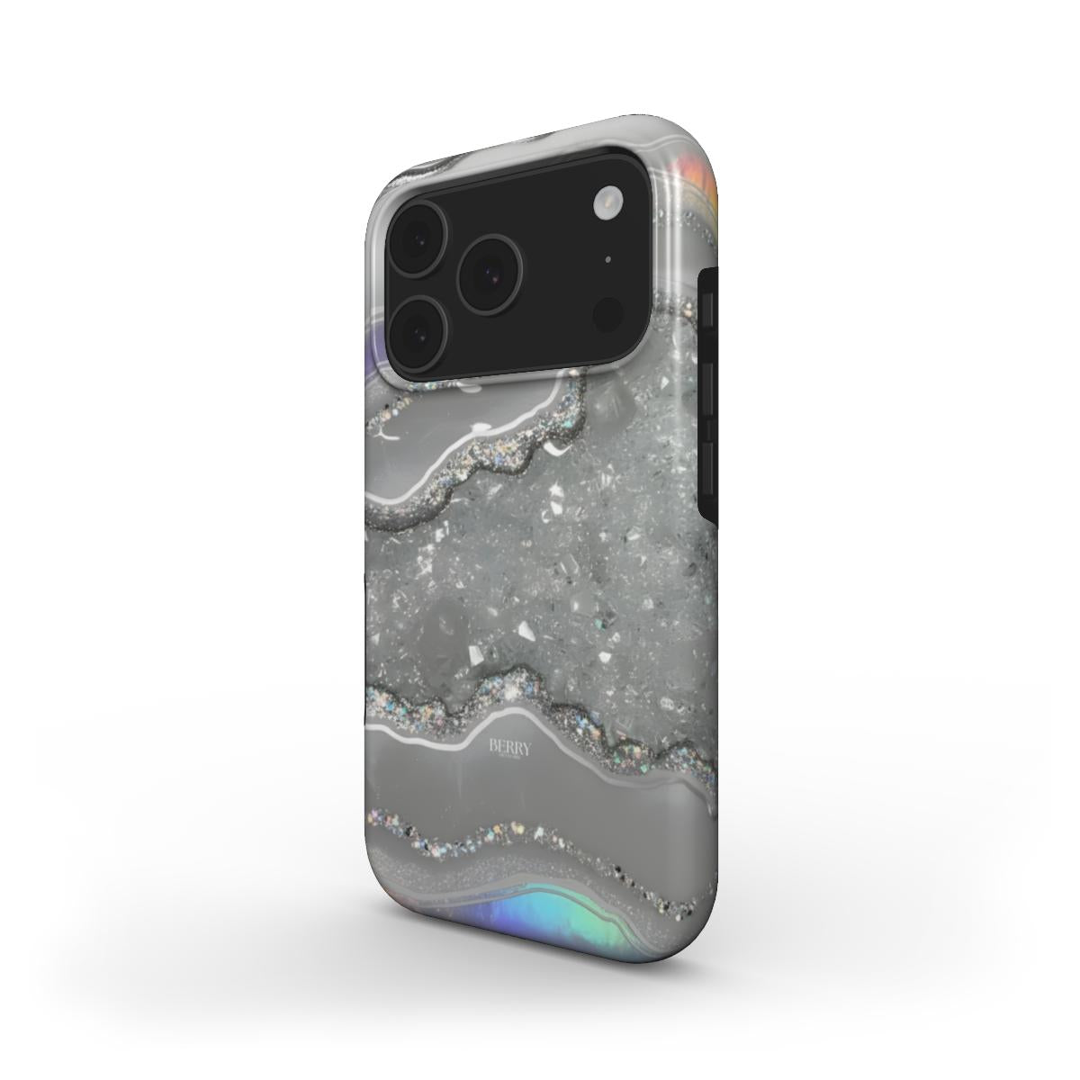 Trendy phone case with a silver, gray, and multicolored marble quartz pattern, featuring a feminine and beautiful aesthetic design.