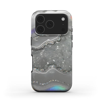 Trendy phone case featuring a silver marble quartz design with multicolored, gray, and silver patterns for a feminine, elegant aesthetic.