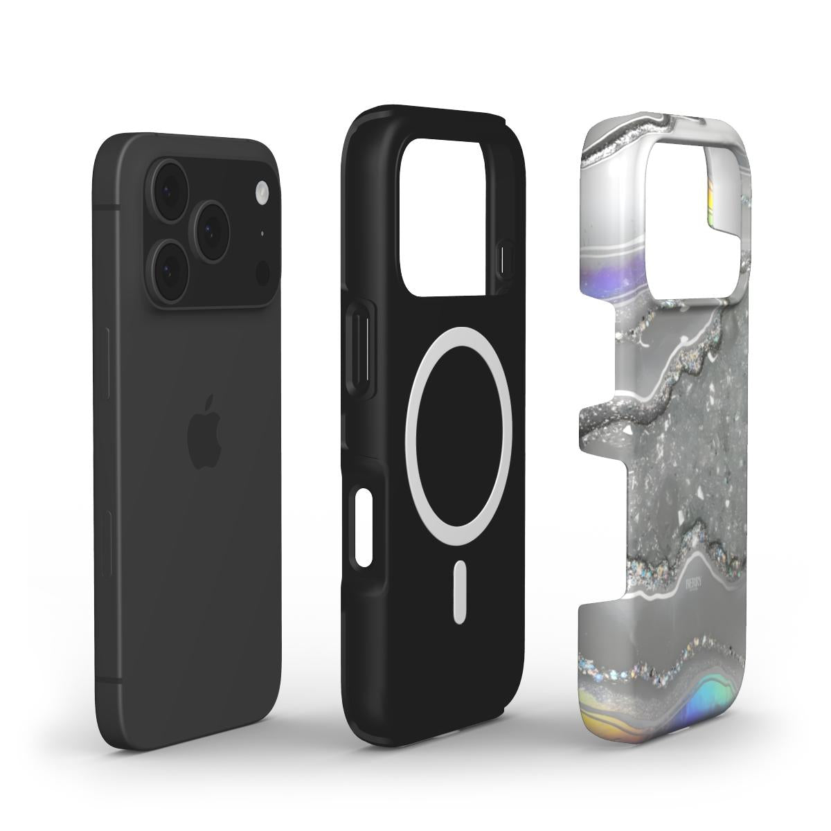 A stylish phone case with a silver, gray, and multicolored marble quartz design, combining trendy aesthetic and protective features for modern devices.