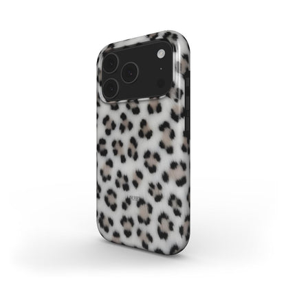 Trendy phone case with a silver, gray, black, white, multicolored leopard pattern offering a feminine and popular stylish look.