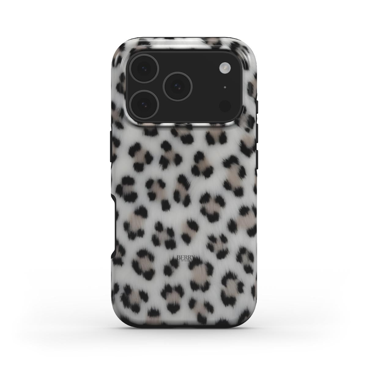 Trendy phone case with a soft, fluffy leopard pattern in silver, gray, black, white, and multicolor, radiating a chic and feminine aesthetic.