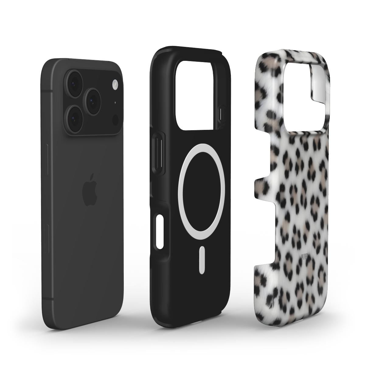 Trendy phone case set featuring a sleek black magnetic layer and a feminine silver, gray, black, and white multicolored leopard pattern shell for stylish protection.