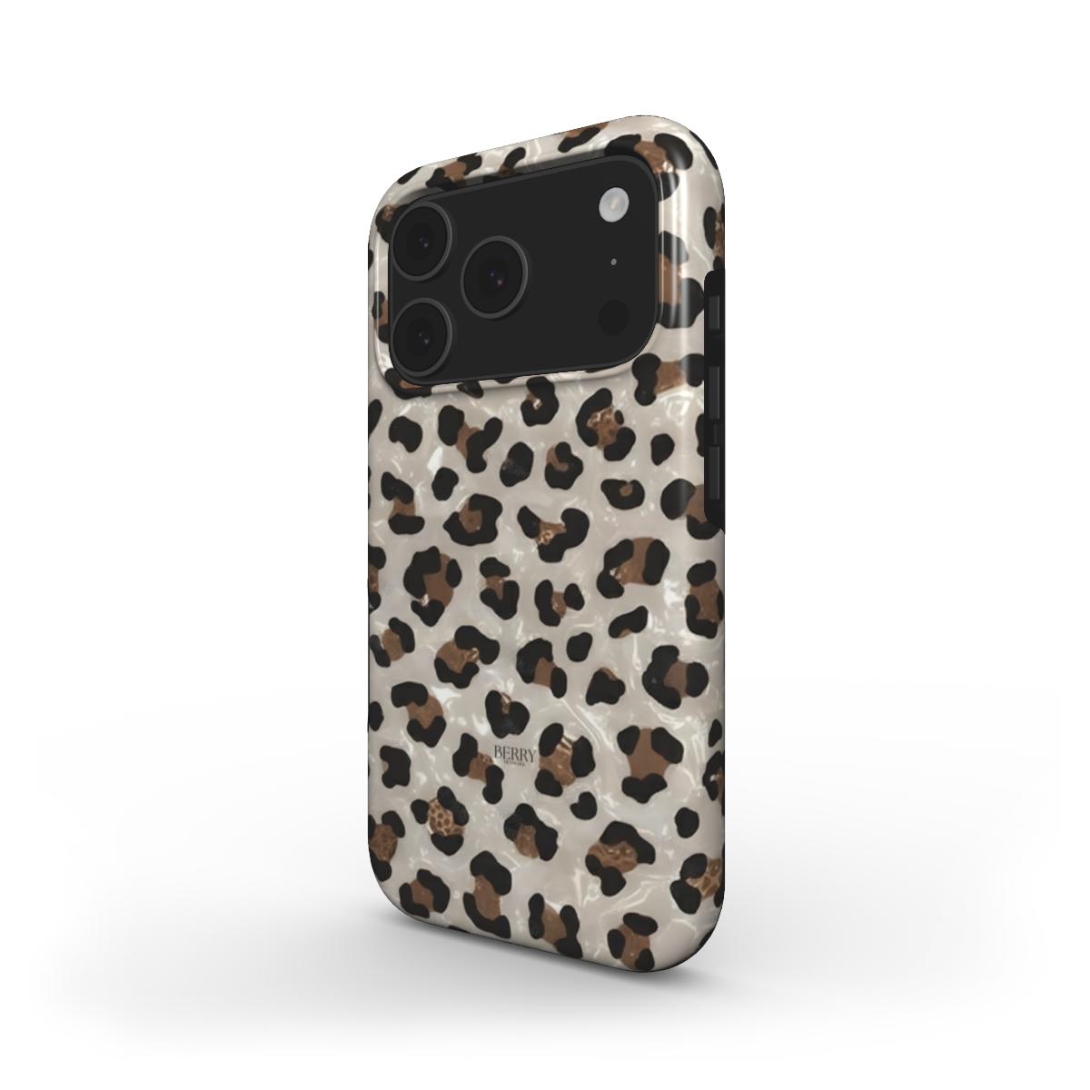 Trendy feminine phone case with a wet leopard pattern in gold, brown, multicolor, beige, and black, perfect for a stylish, girly look.