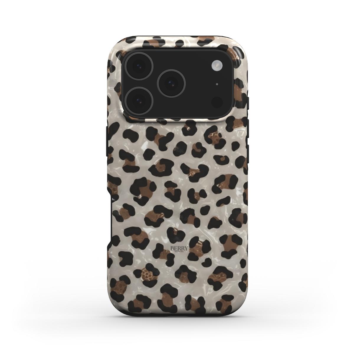 Trendy phone case in a stylish wet leopard pattern featuring gold, brown, beige, black, and multicolored spots for a feminine and popular look.
