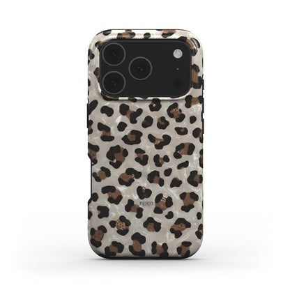 Trendy phone case in a stylish wet leopard pattern featuring gold, brown, beige, black, and multicolored spots for a feminine and popular look.