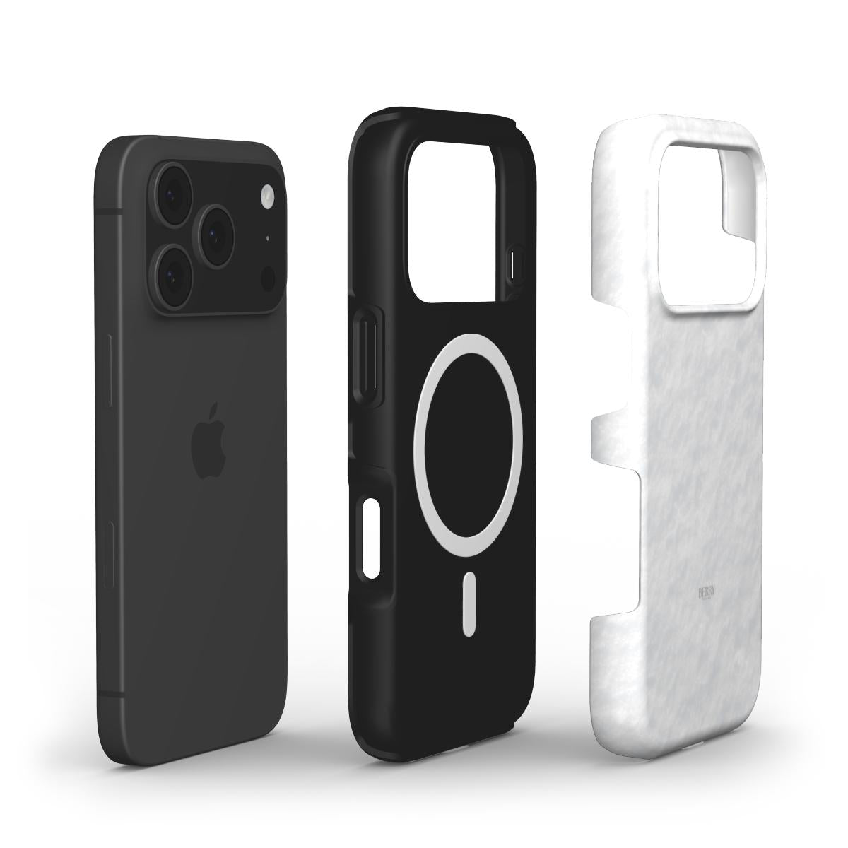 Trendy feminine phone case in white with a sleek design, paired with a black phone and magnetic charging compatibility for a stylish, soft snow aesthetic.