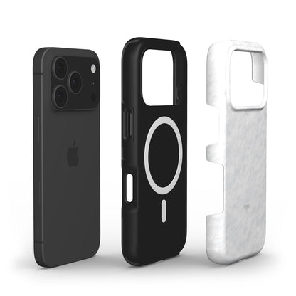 Trendy feminine phone case in white with a sleek design, paired with a black phone and magnetic charging compatibility for a stylish, soft snow aesthetic.