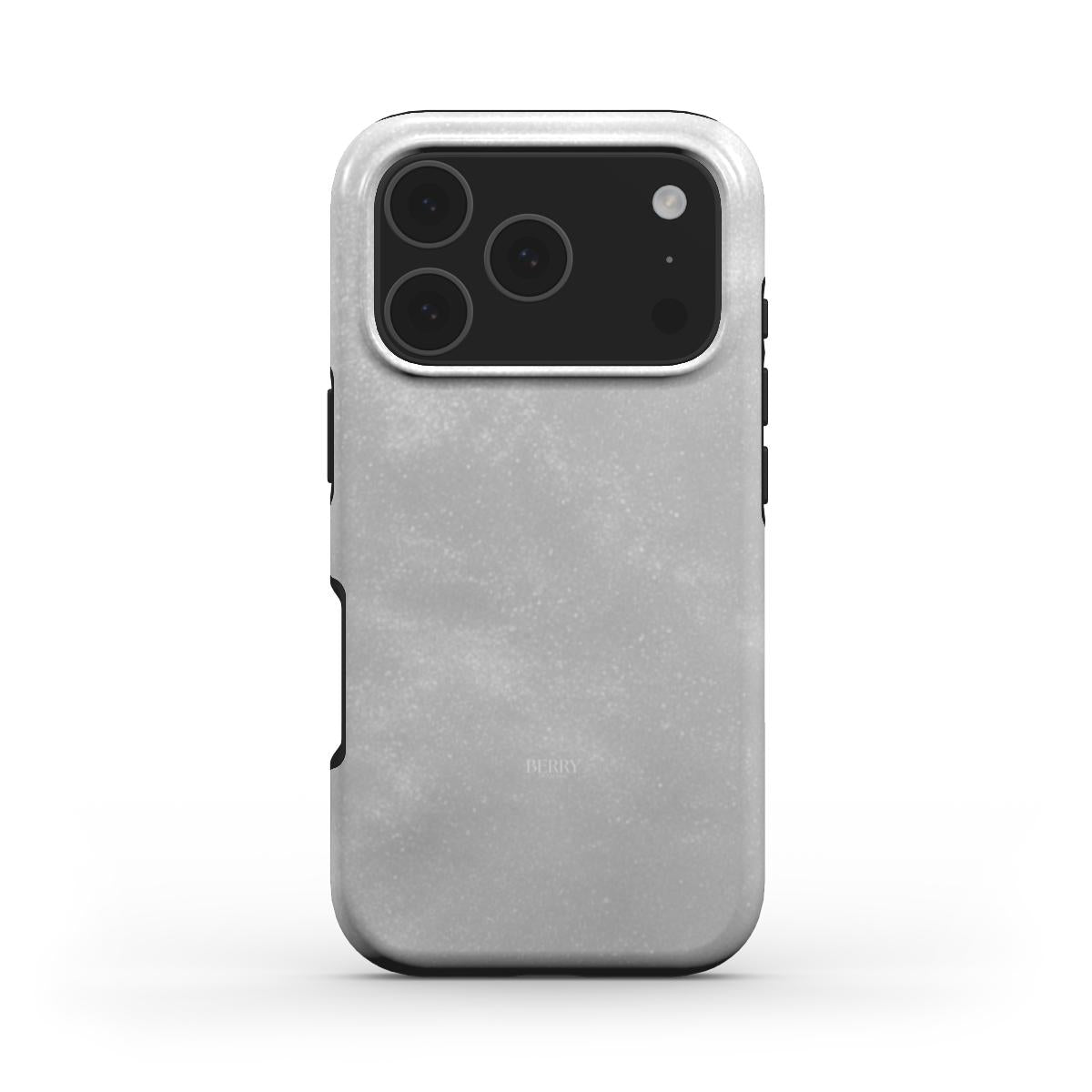 Trendy feminine phone case in dreamy white with subtle silver and gray accents, combining stylish elegance with a soft, girly aesthetic.