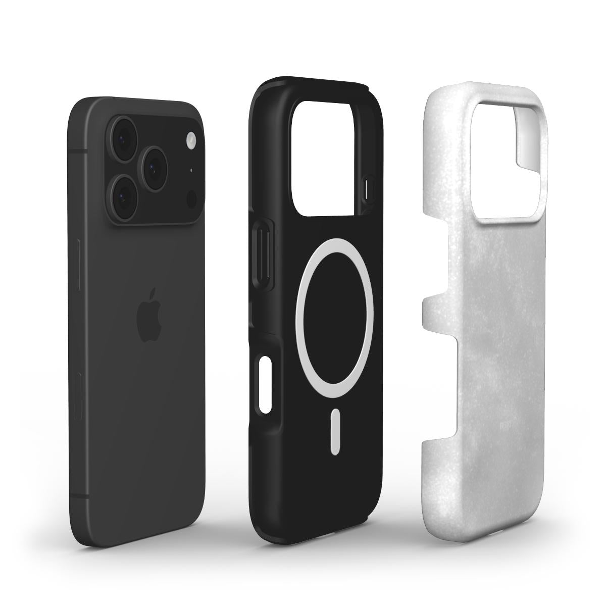 Black phone case with white circular pattern and separate white protective inner layer showcasing sleek, trendy, and feminine design elements.