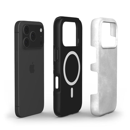 Black phone case with white circular pattern and separate white protective inner layer showcasing sleek, trendy, and feminine design elements.