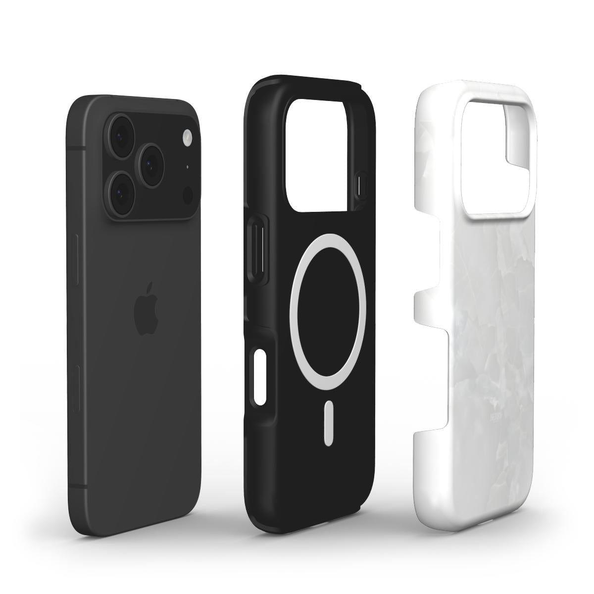 Sleek black phone alongside trendy clear quartz patterned case and solid black protective cover with magnetic ring, all showcasing a modern, feminine style.