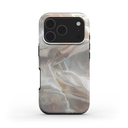 Phone case with a beige, white, and multicolored flowing silky texture design, offering a trendy and feminine aesthetic for a stylish look.