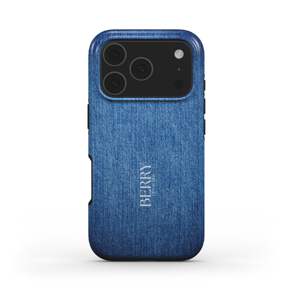 Trendy phone case with a beautiful blå denim pattern inspired by blue jeans, offering a feminine and aesthetic look for that girl who loves stylish accessories.