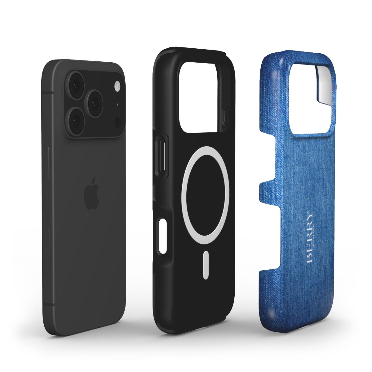 Trendy phone case with a stylish blue jeans pattern and a sleek black magnetic inner layer for that girly, feminine, and beautiful look.