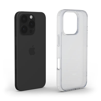 Clear minimalistic transparent phone case beside a sleek black smartphone, showcasing a trendy and feminine protective design in the color Klar.
