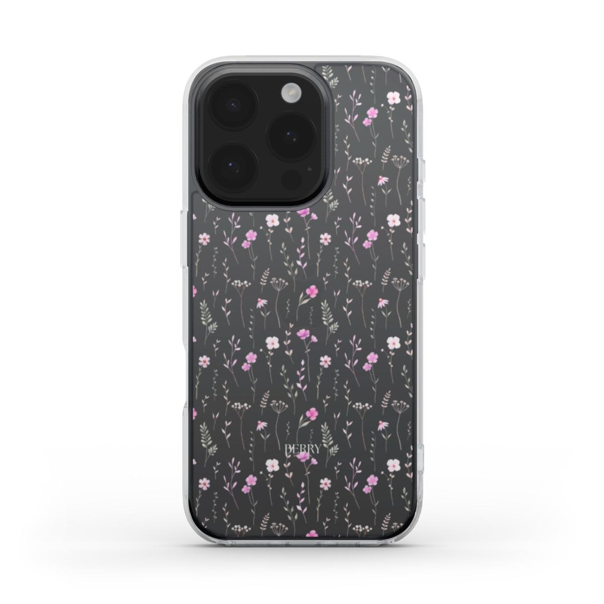 Trendy phone case with a clear, multicolored spring flower pattern, featuring delicate pink and white blossoms on a dark background for a feminine touch.