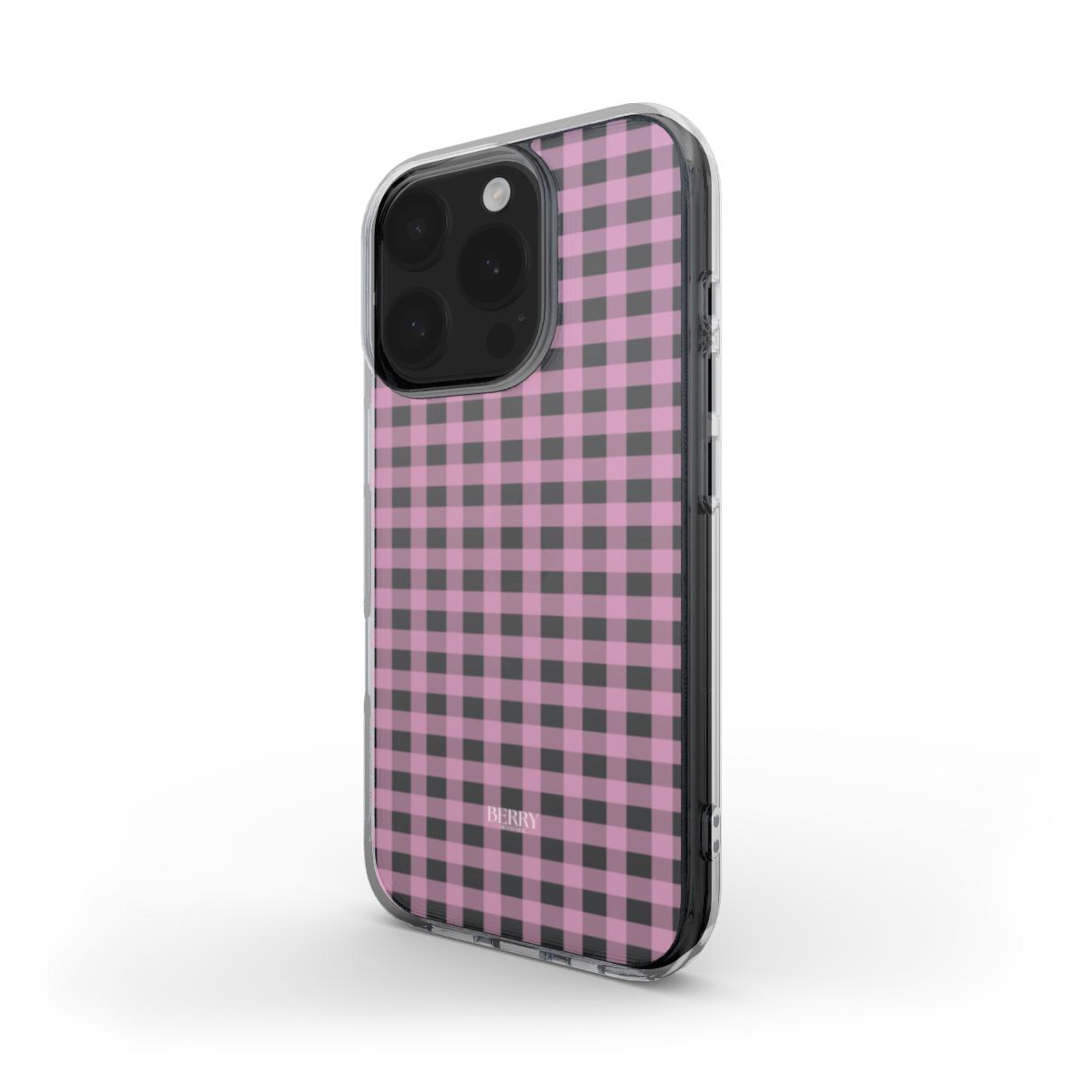 Trendy clear pink phone case with a feminine checkered pattern, combining stylish and girly vibes for a popular and beautiful look.