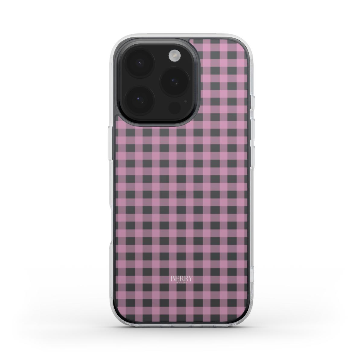 Trendy clear phone case with a pink and black checkered pattern, combining feminine charm with a stylish, modern aesthetic.