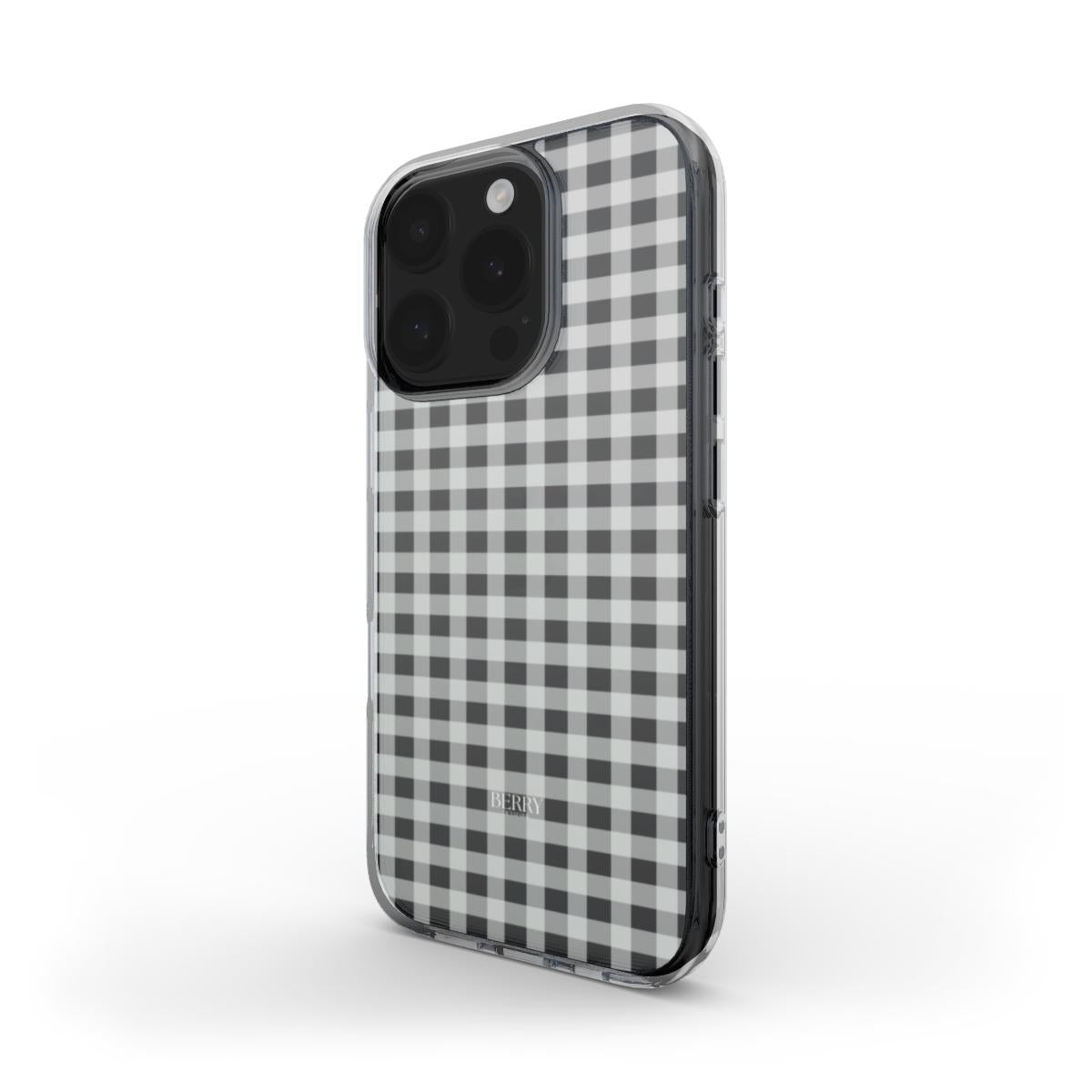 Trendy phone case with clear and white checkered pattern, offering a chic and feminine look perfect for a stylish and elegant vibe.